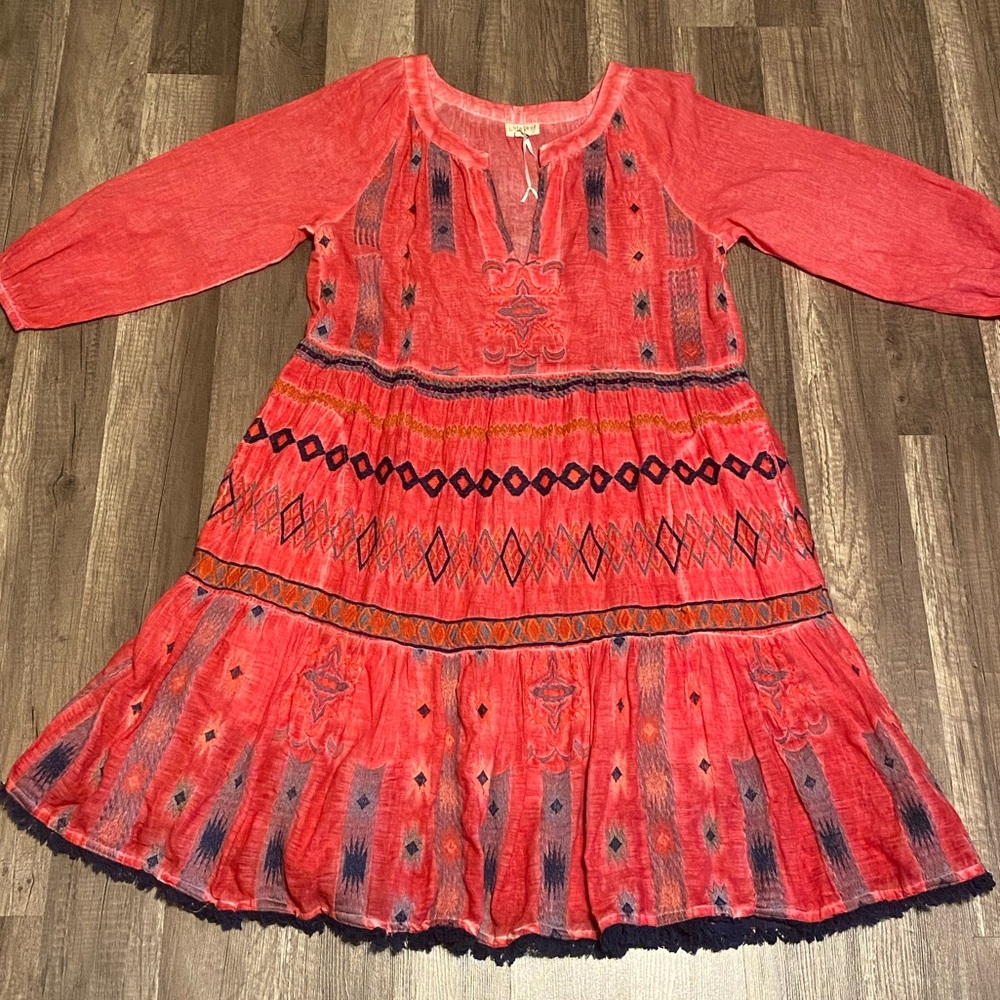 Elegant  Washed red Midi Dress with Ethnic Patterns